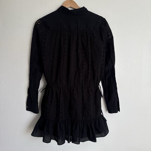 THAKOON Black Eyelet Lace Ruffle Hem Button Down Silk Cotton Mini Shirt Dress 0 - Picture 7 of 15